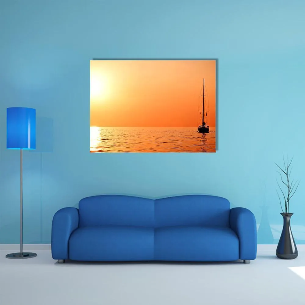 Lonely Yacht At Sunset Canvas Wall Art