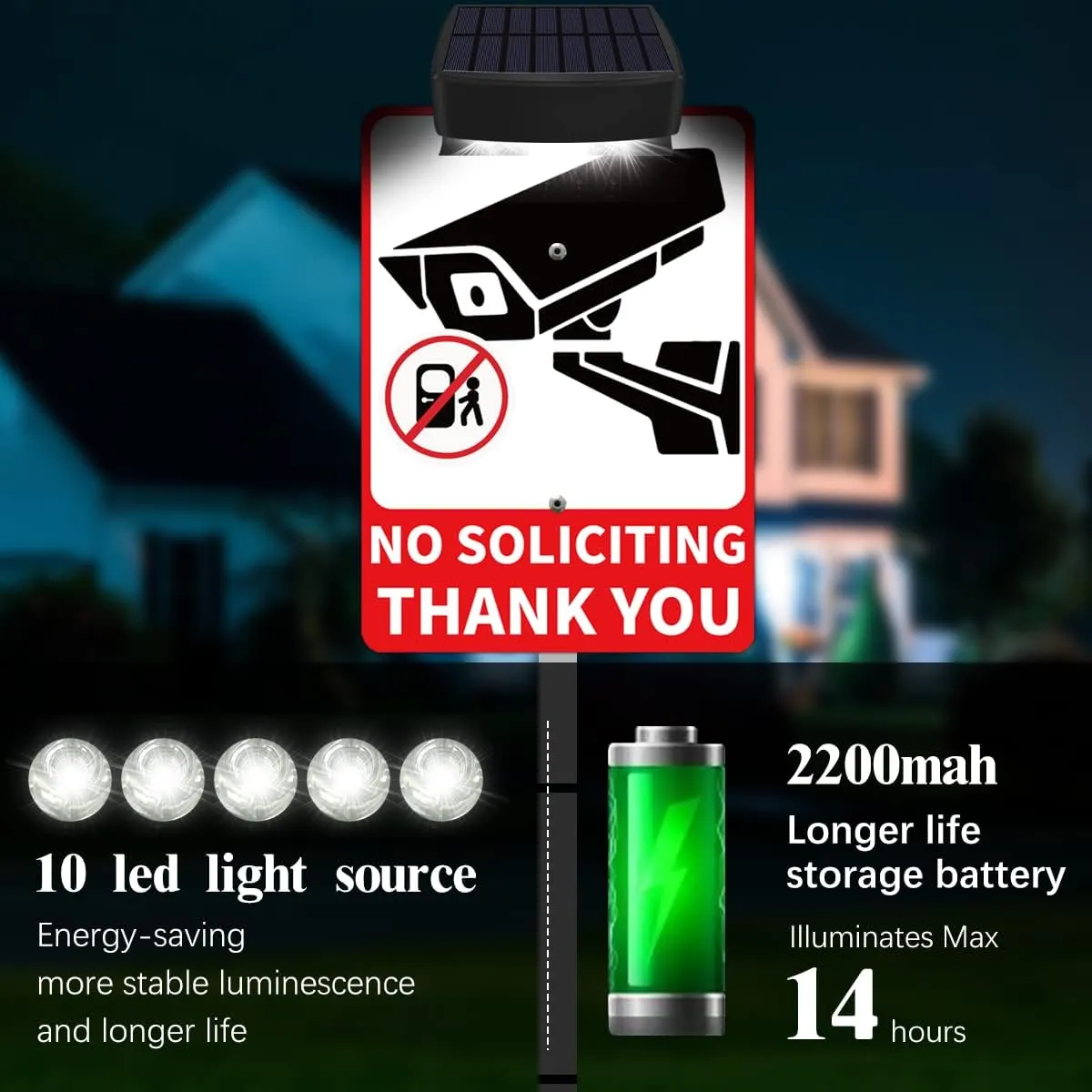 No Soliciting Sign Solar-Powered for House Yard Stake,Outdoor Metal Yard Sign Holder with Stakes Private Property Warning Signs for Home & Business,Do Not Knock Garden Sign,Beach & Lawn Signs