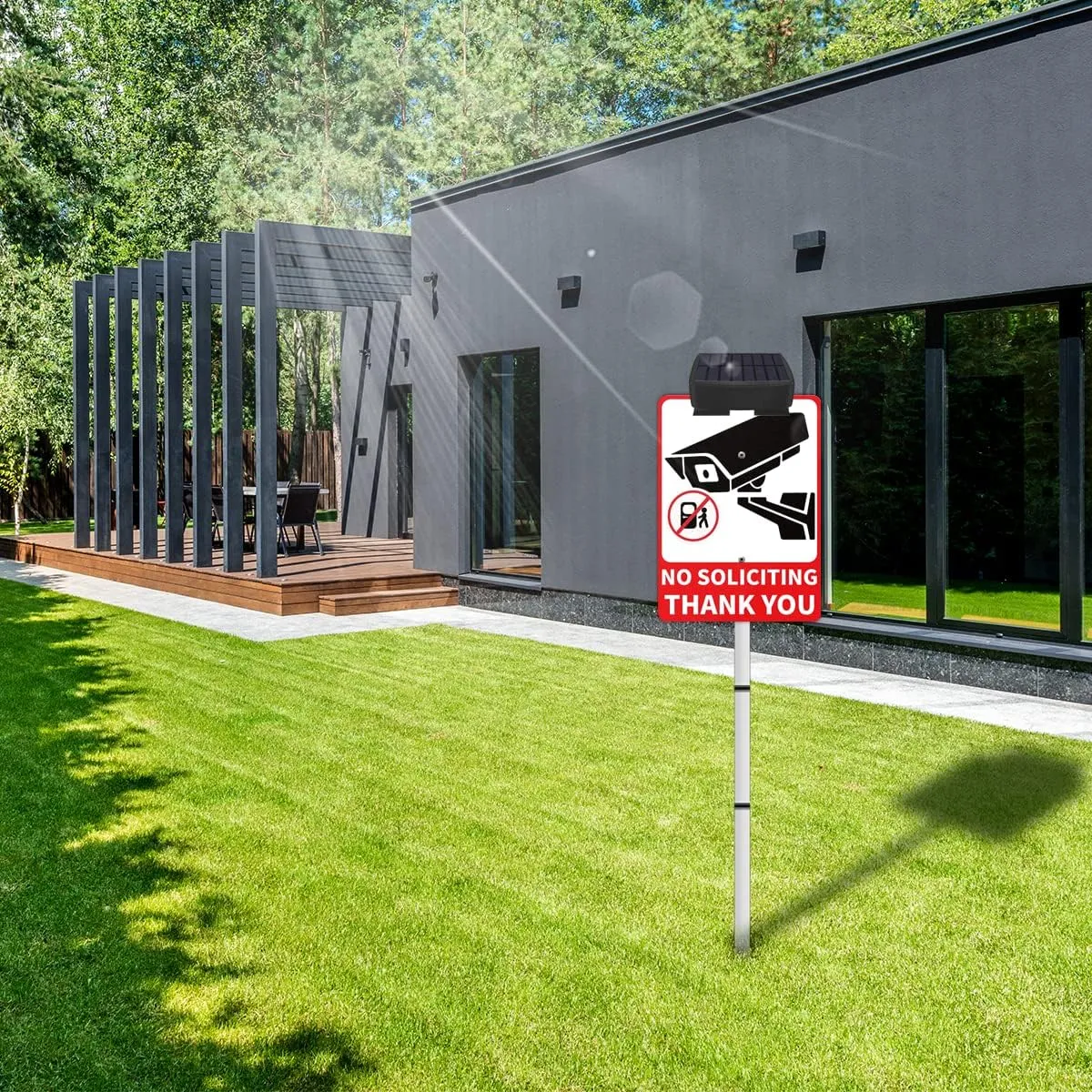 No Soliciting Sign Solar-Powered for House Yard Stake,Outdoor Metal Yard Sign Holder with Stakes Private Property Warning Signs for Home & Business,Do Not Knock Garden Sign,Beach & Lawn Signs