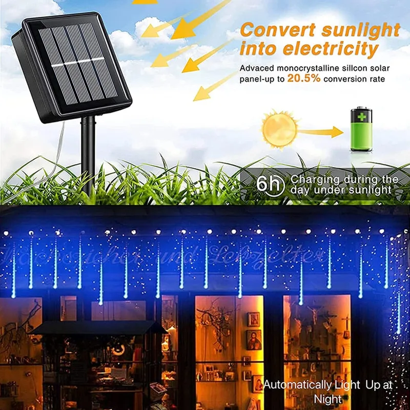 Solar LED Meteor Shower Rain Lights Holiday String Lights Waterproof Garden Light 8 Tubes 144 Leds  Christmas Wedding Decoration